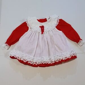 Vintage Bryan Apron Pinafore Circle Dress-Size 6-9 Months-Red-Pageant-Ruffles